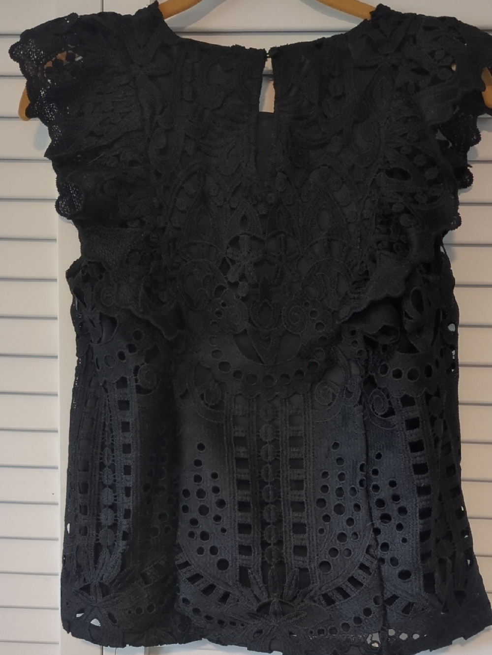 Women's Black Lace Ruffle Shell Top - Picture 6 of 7